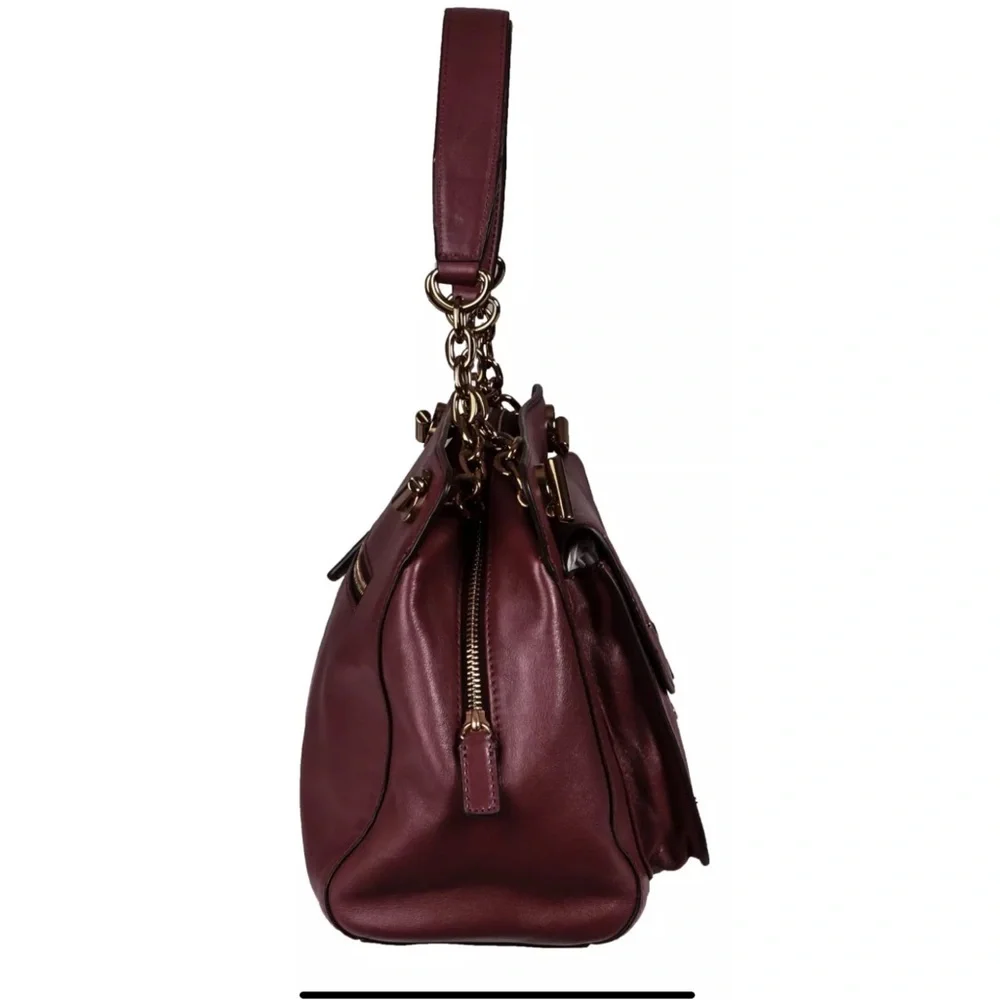 Tory Burch Priscilla gold chain plum leather shoulder bag handbag push lock